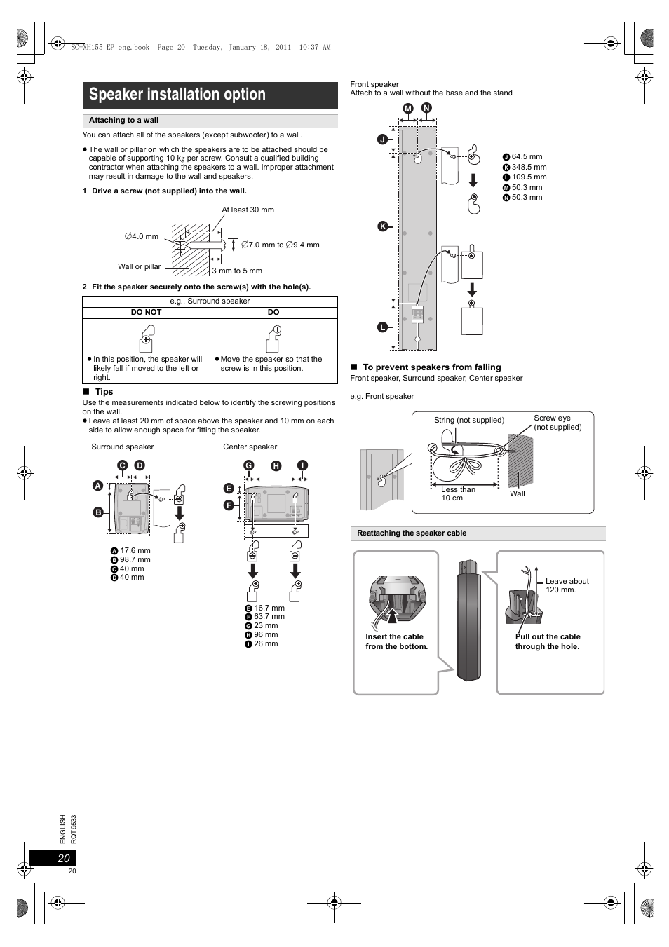 Speaker installation option | Panasonic SCXH155EP User Manual | Page 20 / 90