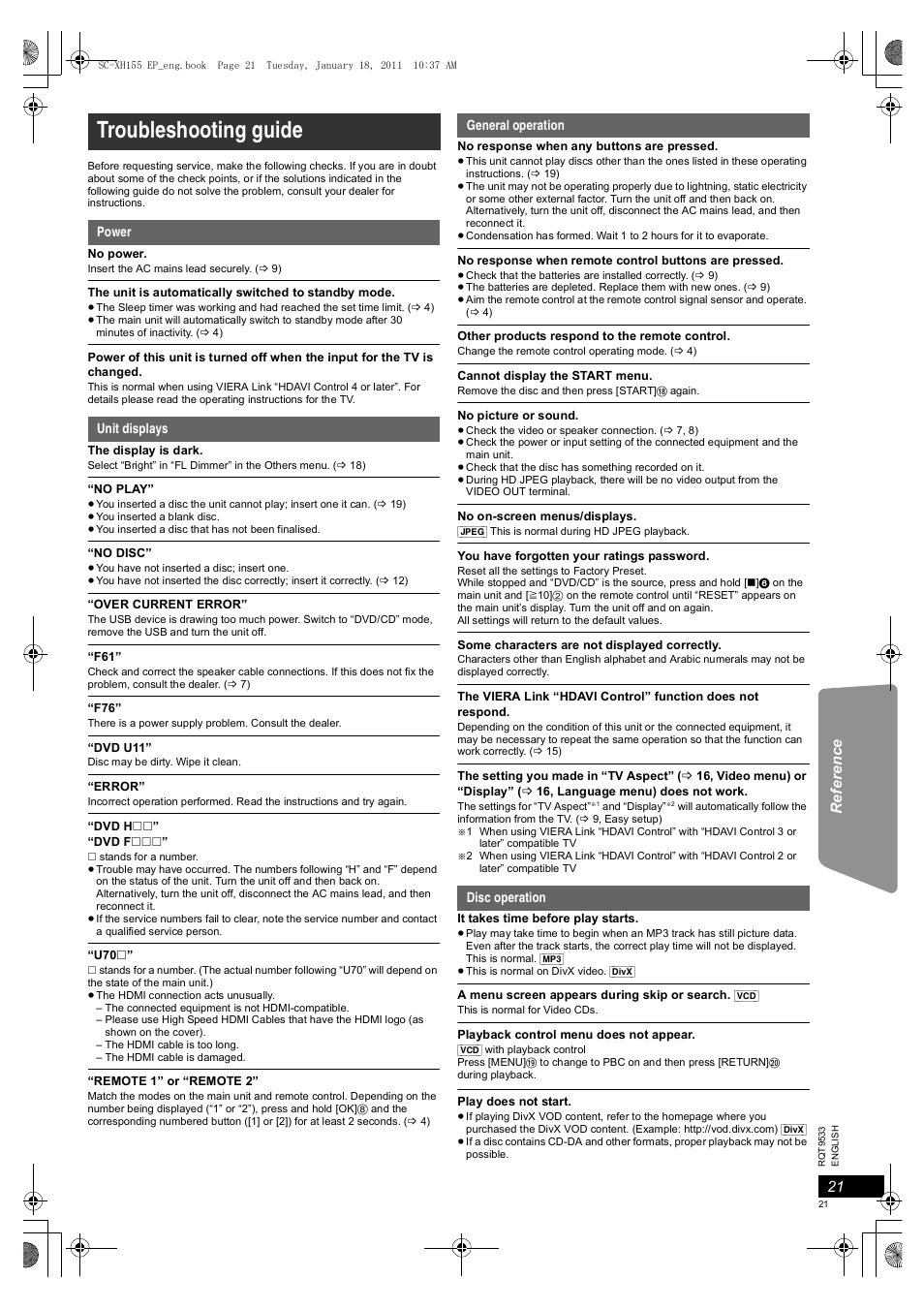 Troubleshooting guide | Panasonic SCXH155EP User Manual | Page 21 / 90