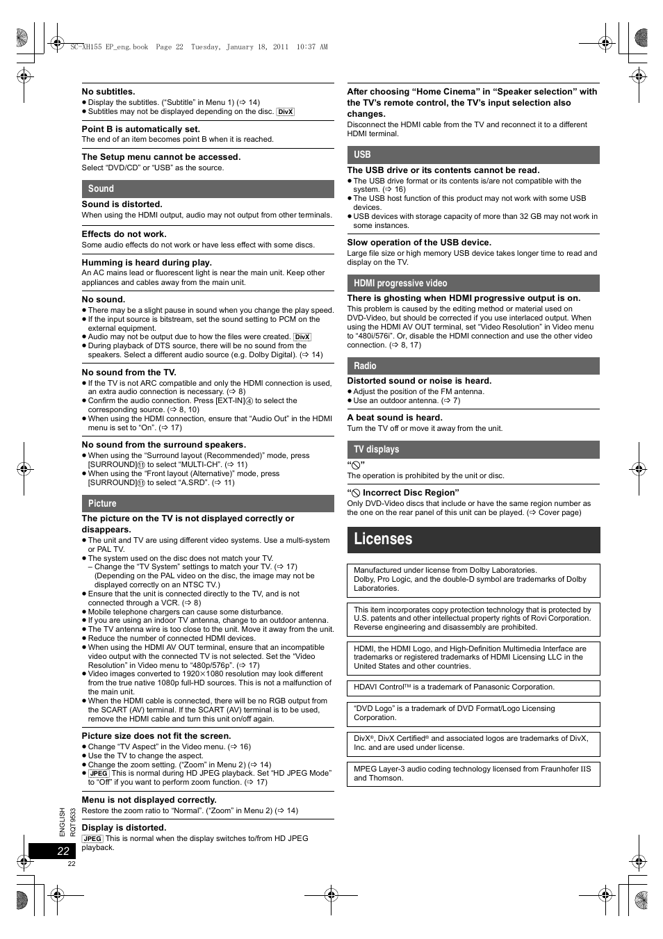 Licenses | Panasonic SCXH155EP User Manual | Page 22 / 90