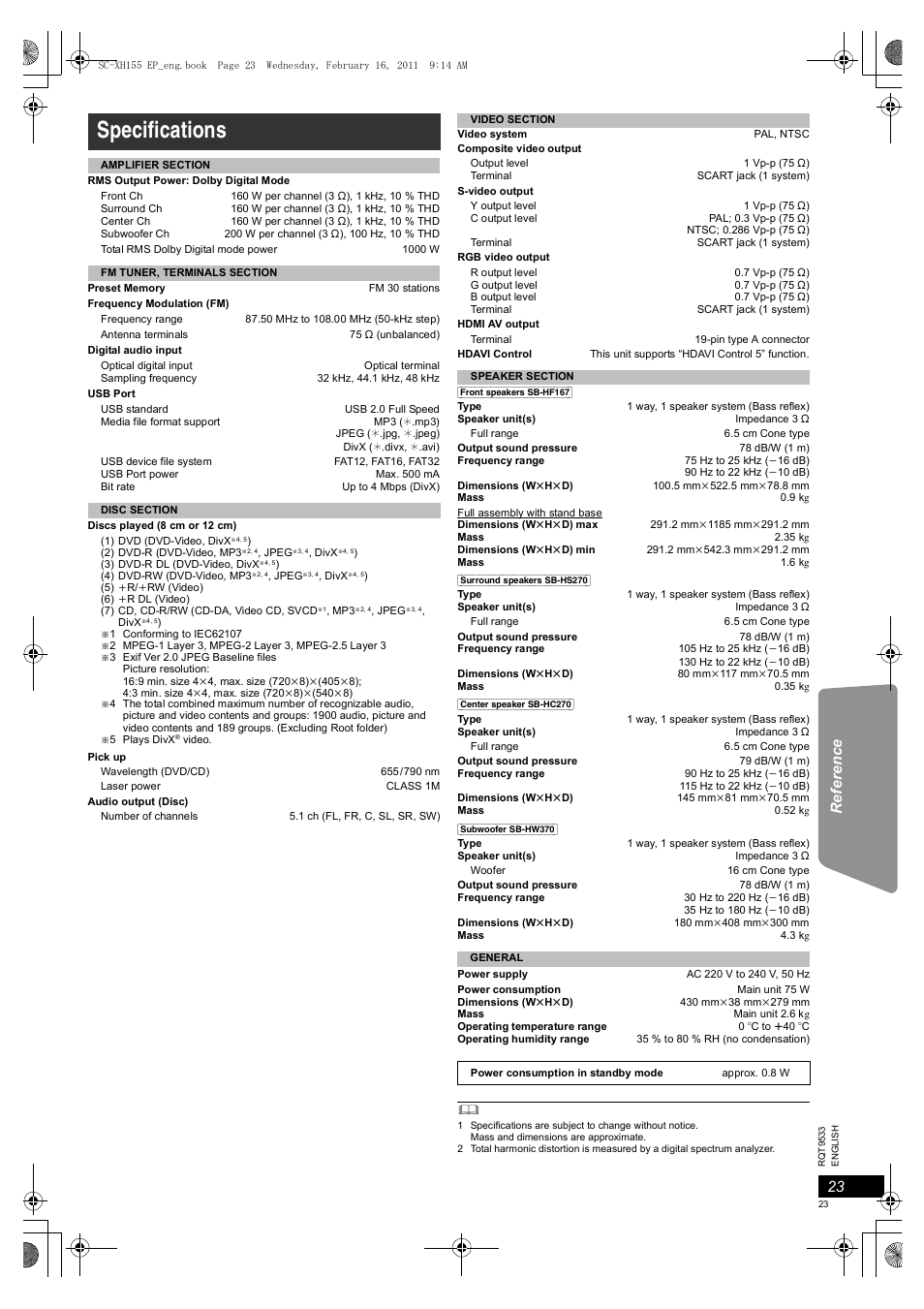 Specifications | Panasonic SCXH155EP User Manual | Page 23 / 90