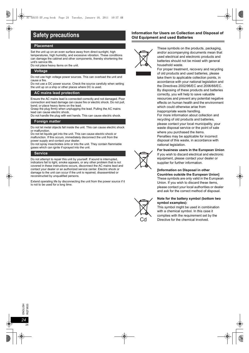 Safety precautions | Panasonic SCXH155EP User Manual | Page 24 / 90