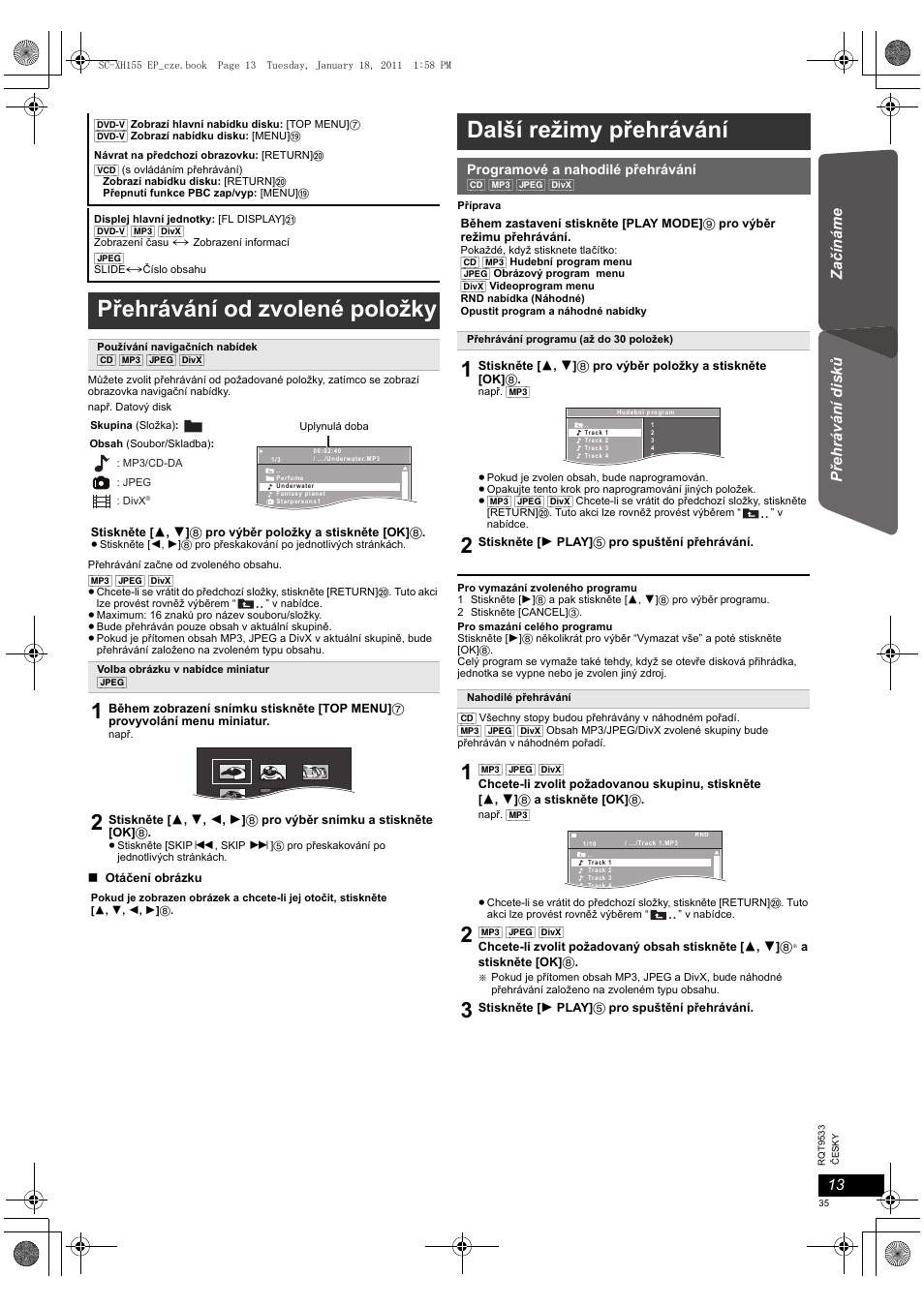 Přehrávání od zvolené položky, Další režimy přehrávání | Panasonic SCXH155EP User Manual | Page 35 / 90