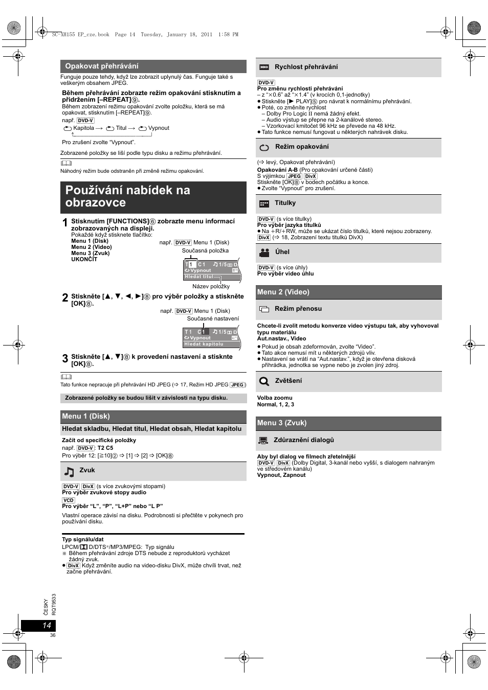 Používání nabídek na obrazovce | Panasonic SCXH155EP User Manual | Page 36 / 90