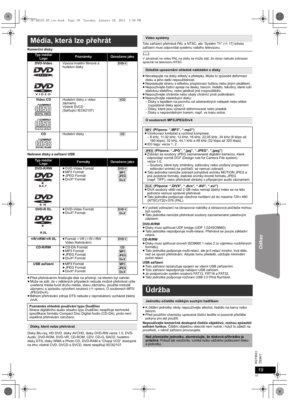 Média, která lze přehrát, Údržba | Panasonic SCXH155EP User Manual | Page 41 / 90