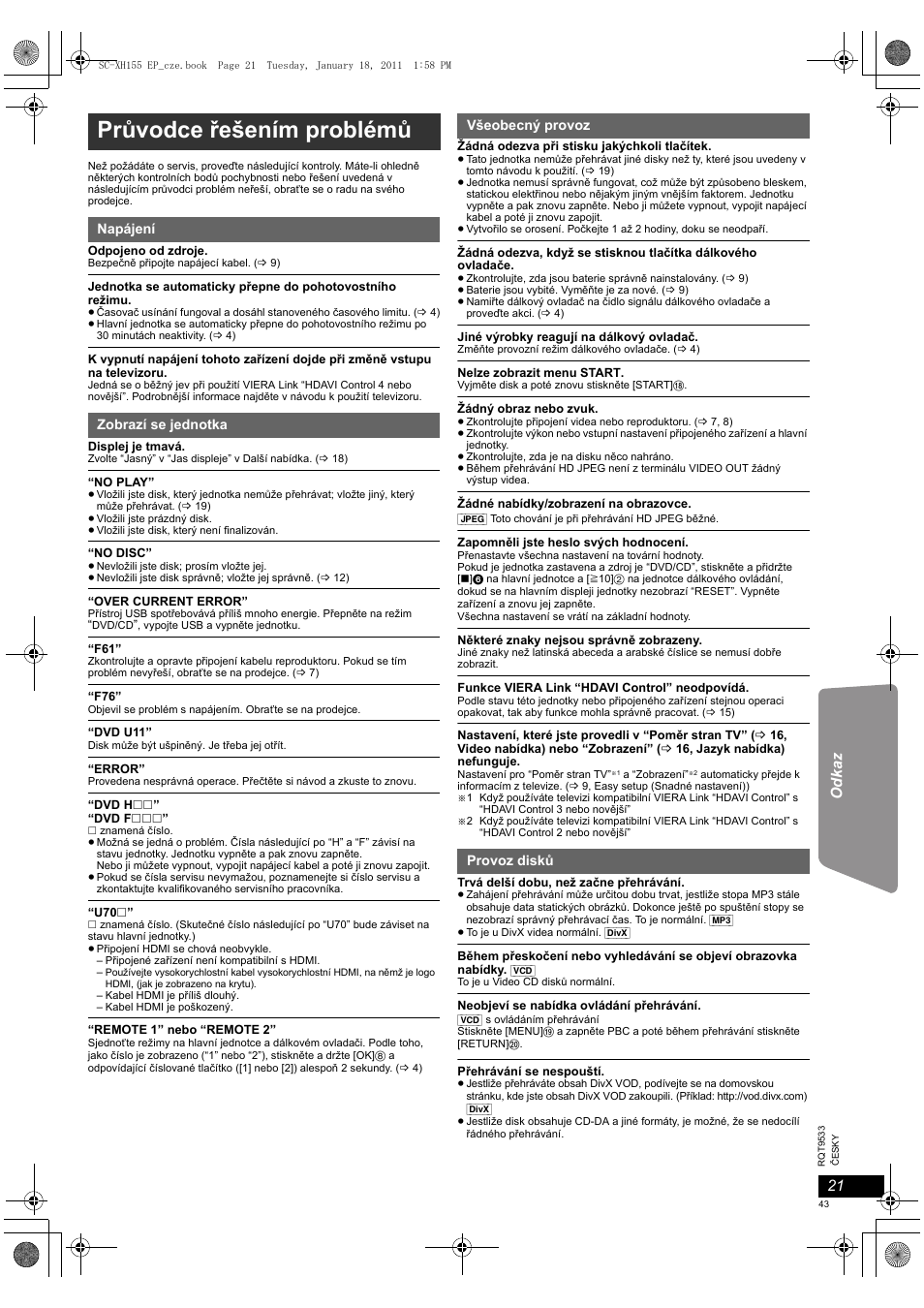 Průvodce řešením problémů | Panasonic SCXH155EP User Manual | Page 43 / 90