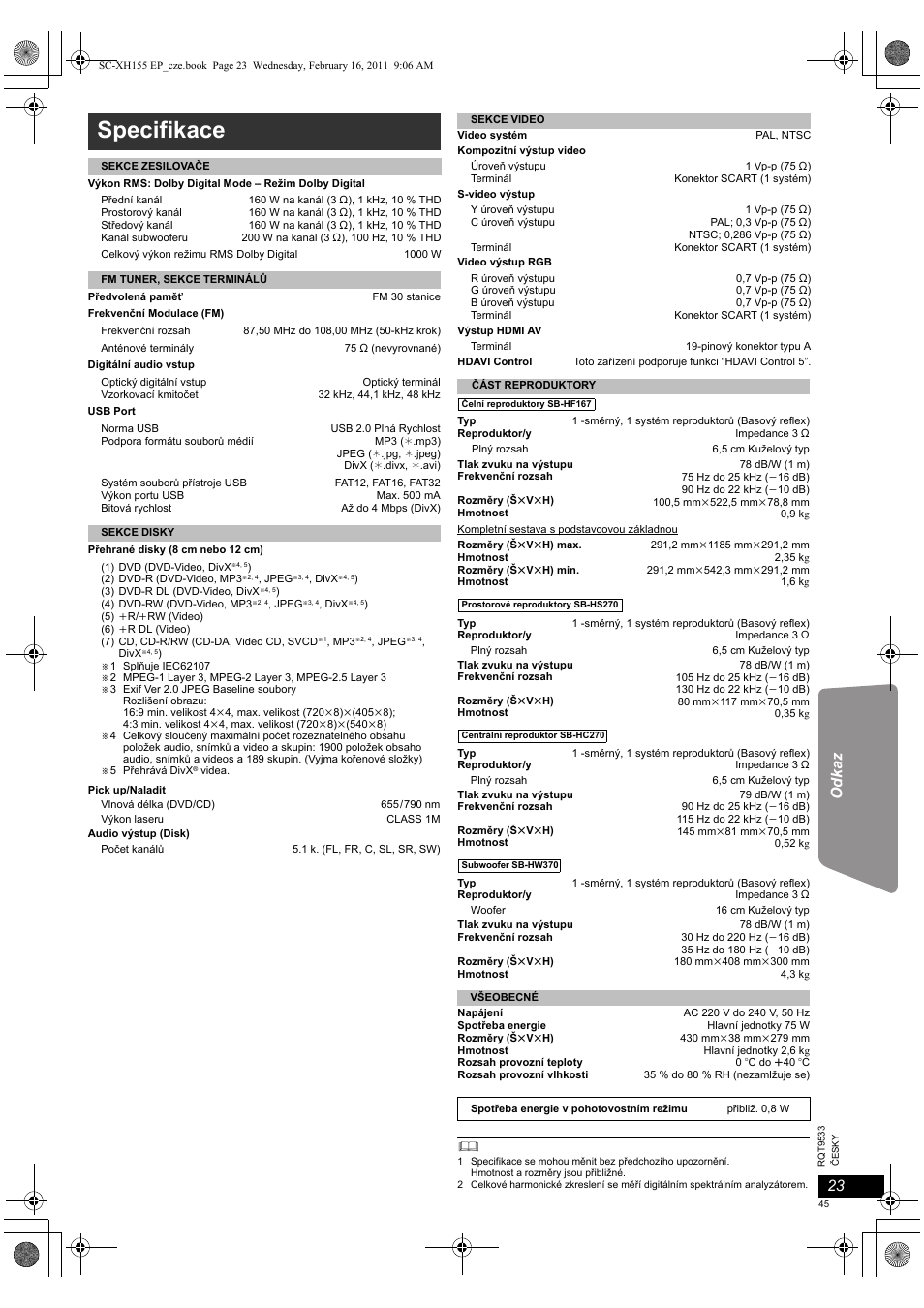 Specifikace | Panasonic SCXH155EP User Manual | Page 45 / 90