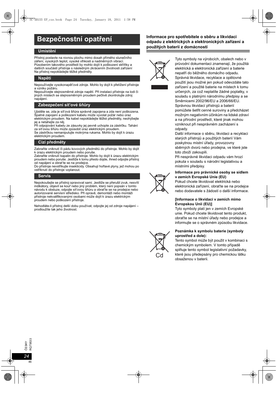 Bezpečnostní opatření | Panasonic SCXH155EP User Manual | Page 46 / 90