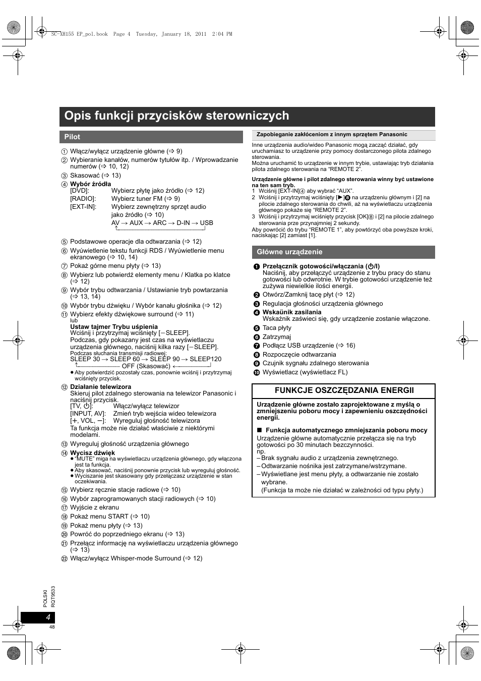 Opis funkcji przycisków sterowniczych | Panasonic SCXH155EP User Manual | Page 48 / 90