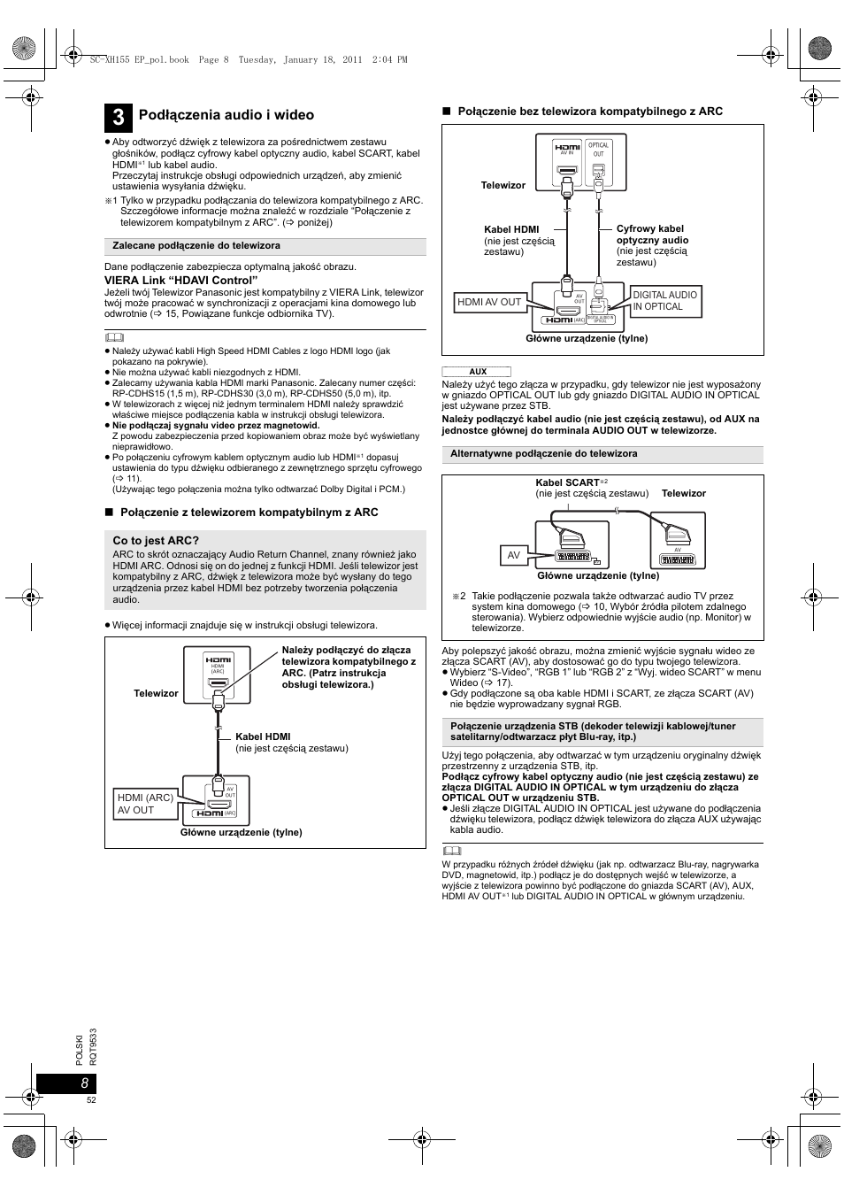 Podłączenia audio i wideo | Panasonic SCXH155EP User Manual | Page 52 / 90