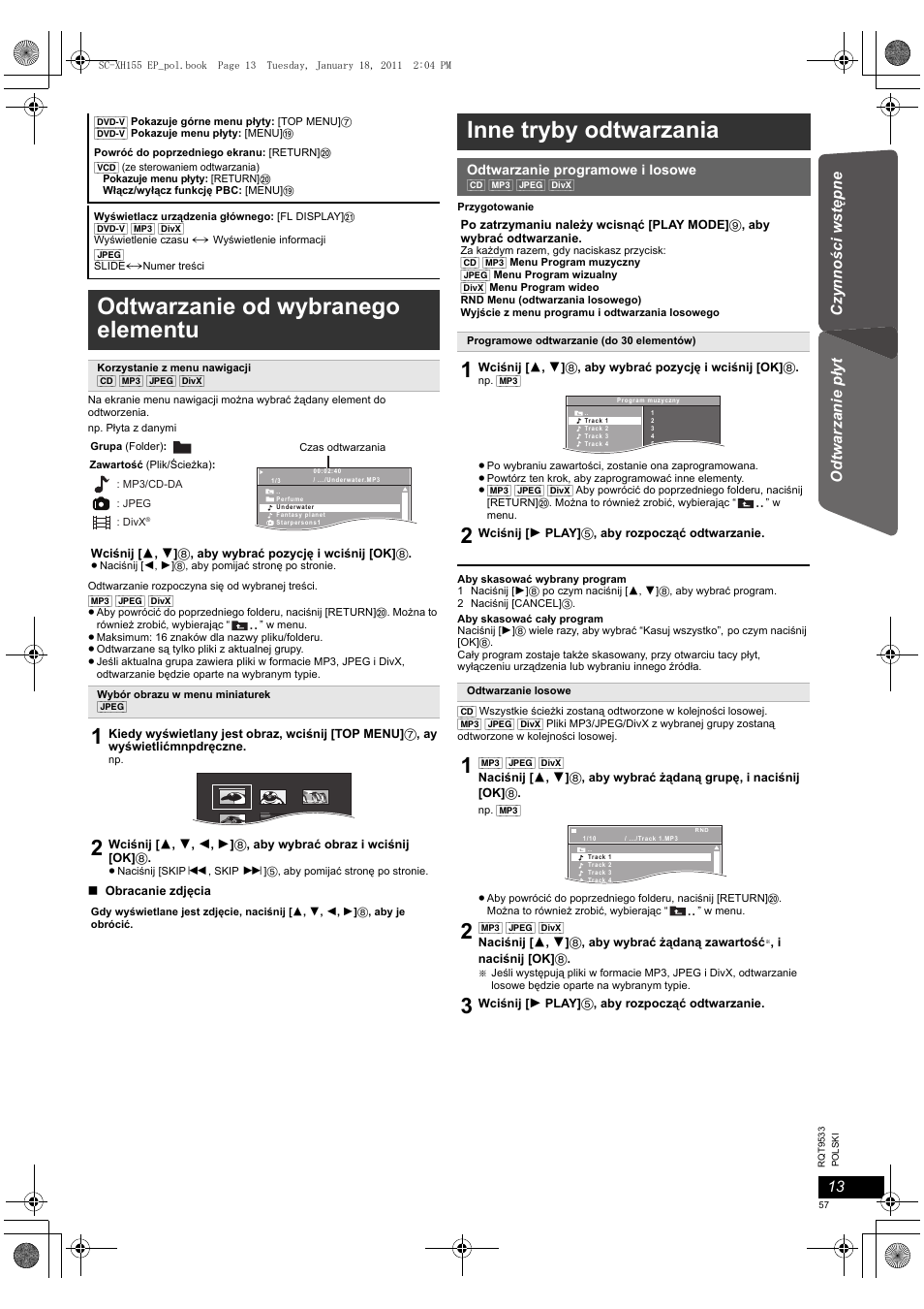 Odtwarzanie od wybranego elementu, Inne tryby odtwarzania | Panasonic SCXH155EP User Manual | Page 57 / 90