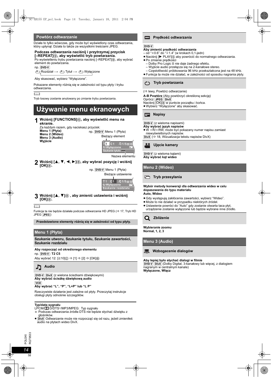 Używanie menu ekranowych | Panasonic SCXH155EP User Manual | Page 58 / 90