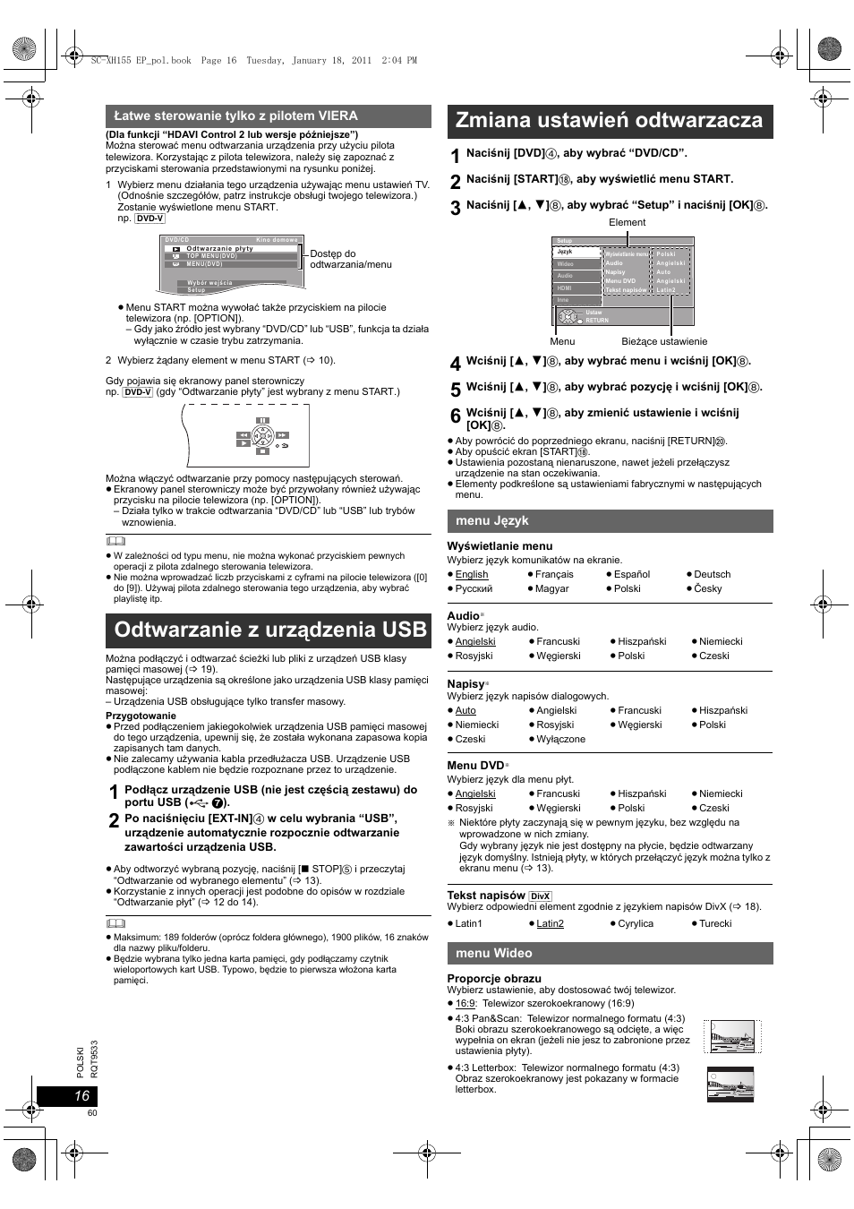 Odtwarzanie z urządzenia usb, Zmiana ustawień odtwarzacza | Panasonic SCXH155EP User Manual | Page 60 / 90