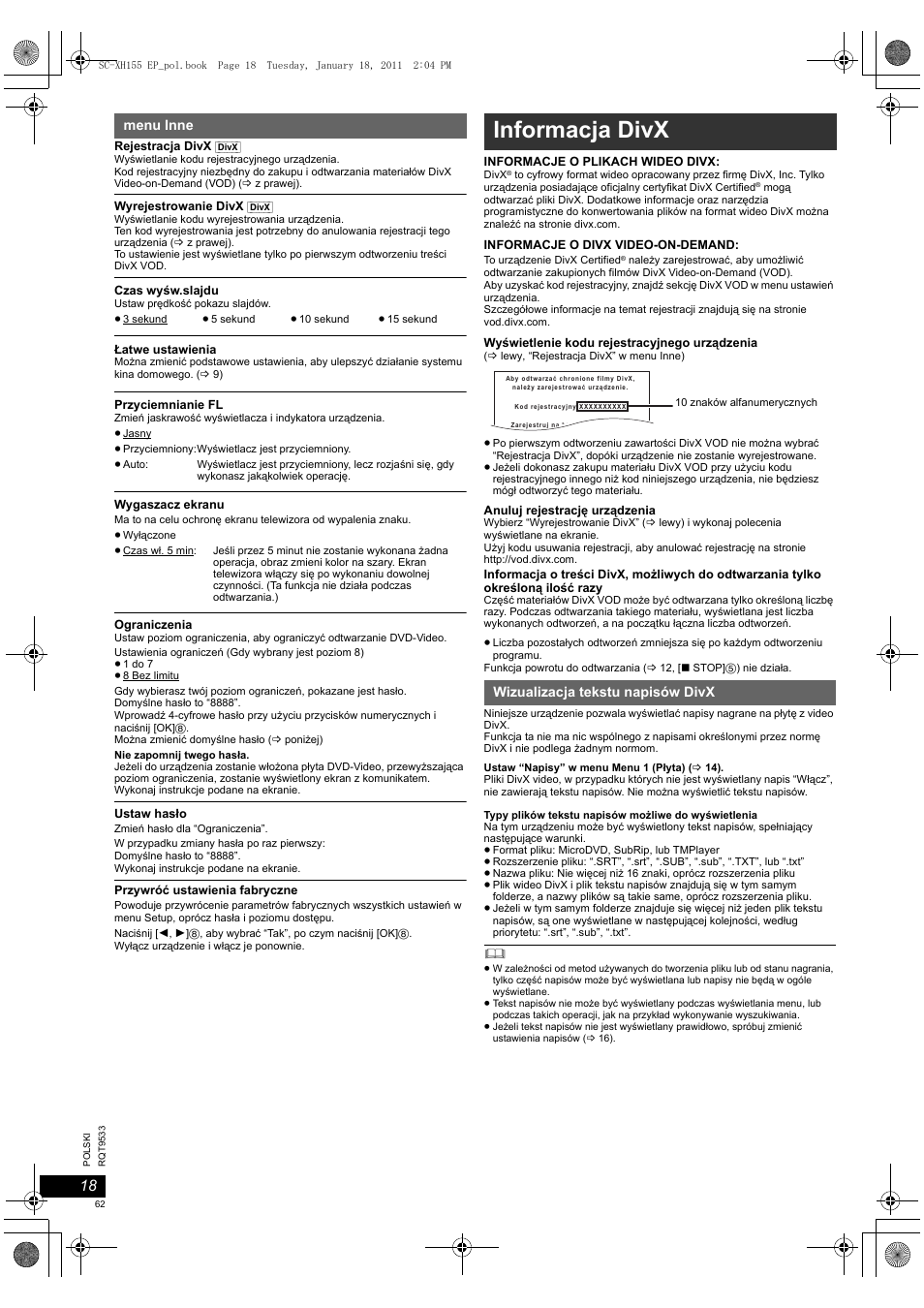 Informacja divx | Panasonic SCXH155EP User Manual | Page 62 / 90