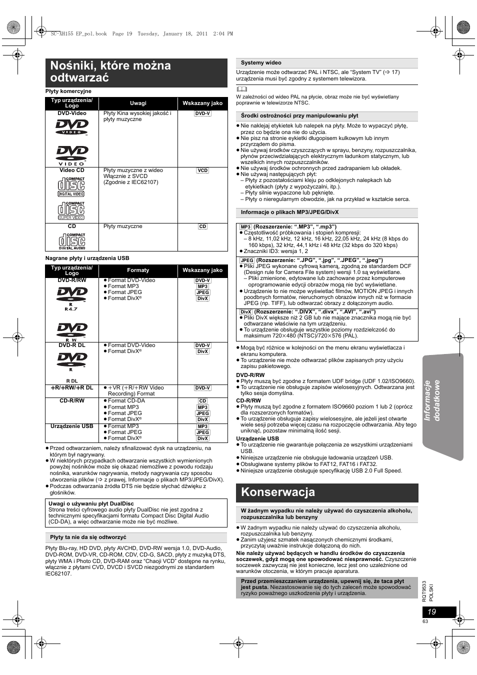 Nośniki, które można odtwarzać, Konserwacja | Panasonic SCXH155EP User Manual | Page 63 / 90