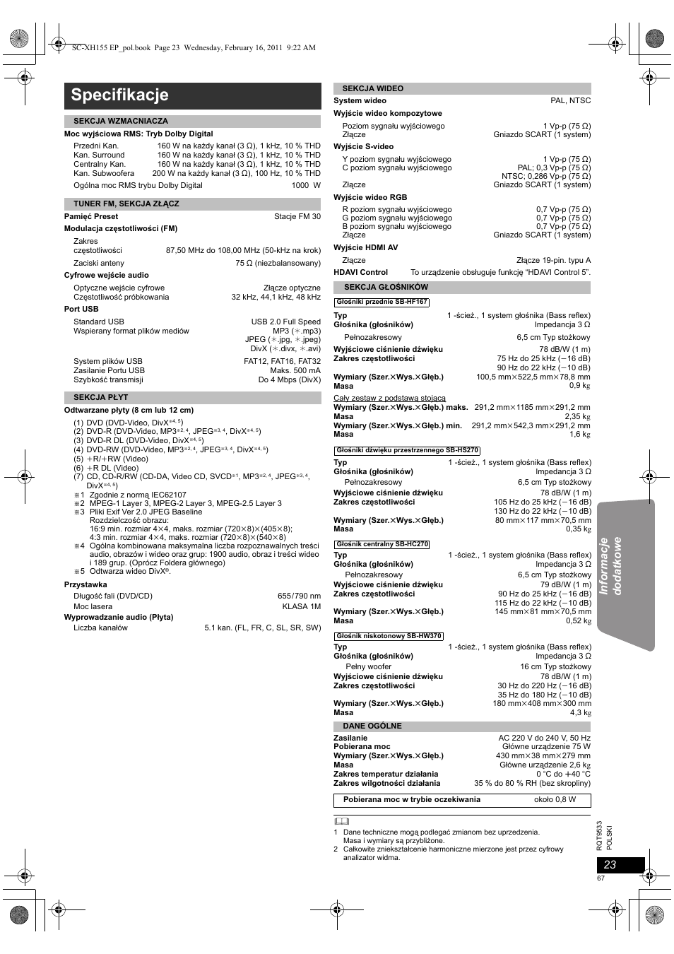 Specifikacje | Panasonic SCXH155EP User Manual | Page 67 / 90