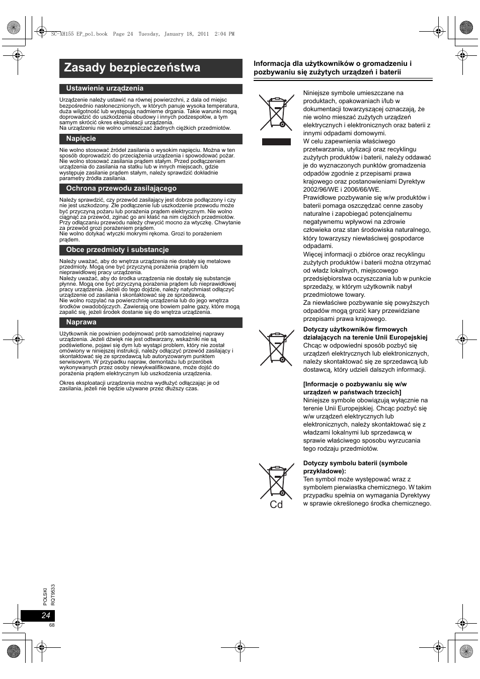 Zasady bezpieczeństwa | Panasonic SCXH155EP User Manual | Page 68 / 90