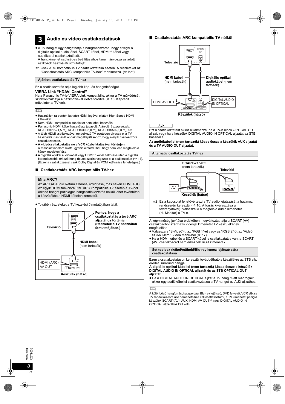 Audio és video csatlakoztatások | Panasonic SCXH155EP User Manual | Page 74 / 90