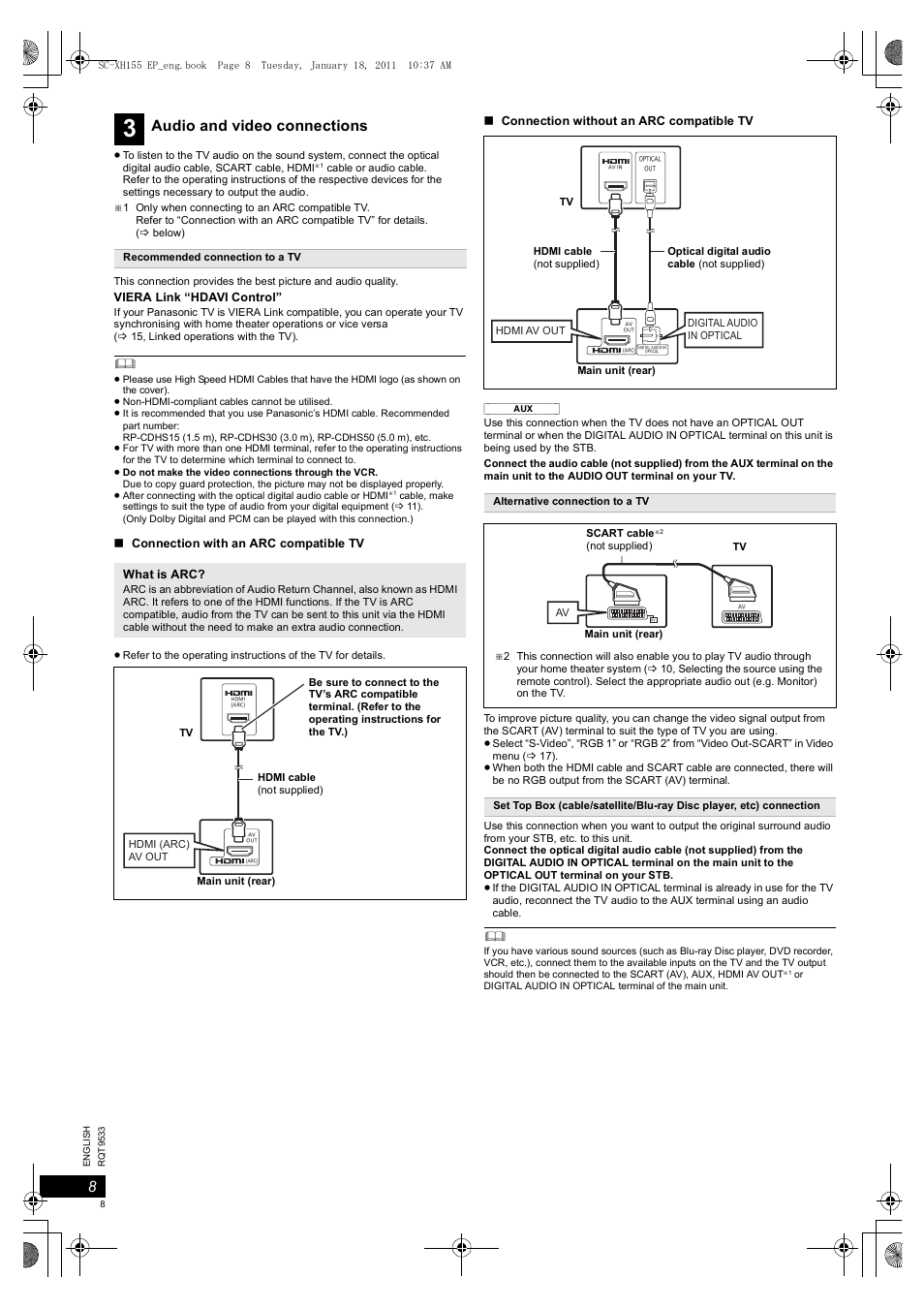 Audio and video connections | Panasonic SCXH155EP User Manual | Page 8 / 90