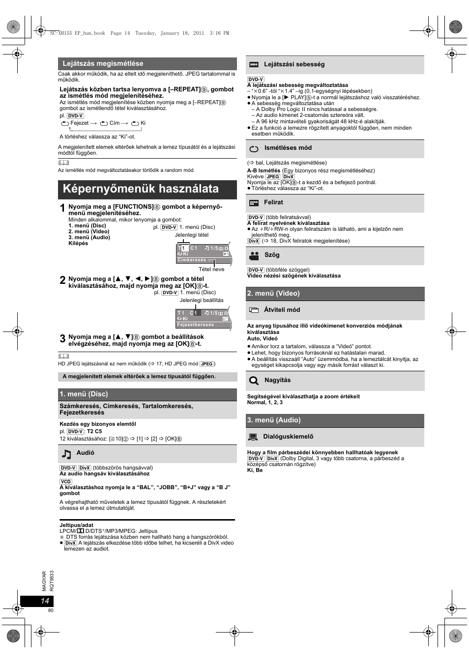 Képernyőmenük használata | Panasonic SCXH155EP User Manual | Page 80 / 90