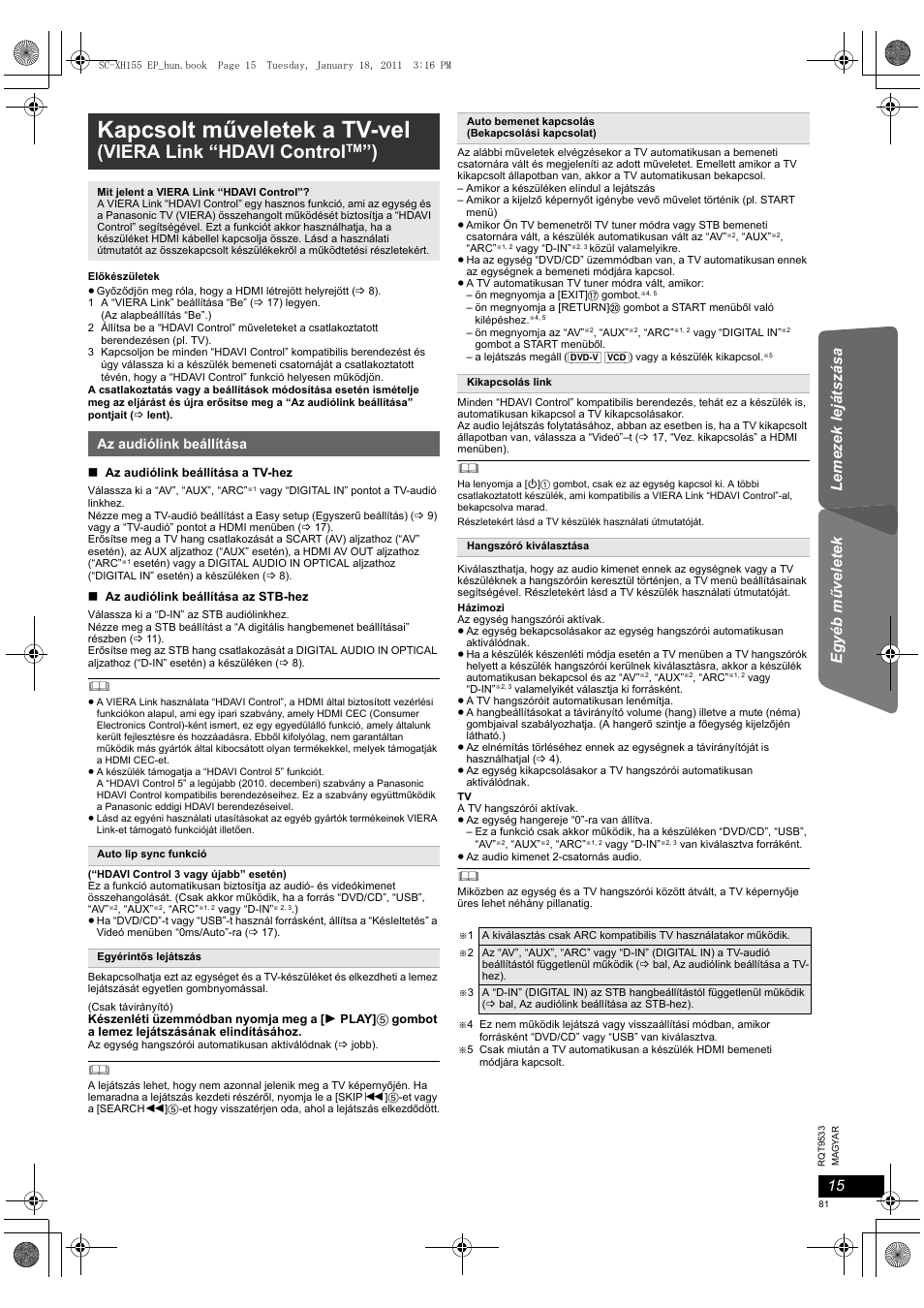 Kapcsolt műveletek a tv-vel, Viera link “hdavi control | Panasonic SCXH155EP User Manual | Page 81 / 90