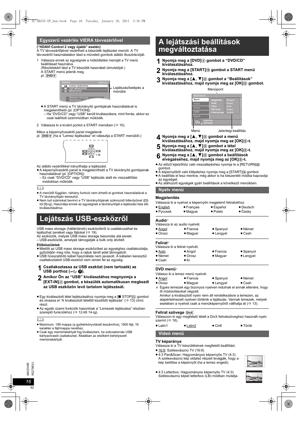 Lejátszás usb-eszközről, A lejátszási beállítások megváltoztatása | Panasonic SCXH155EP User Manual | Page 82 / 90