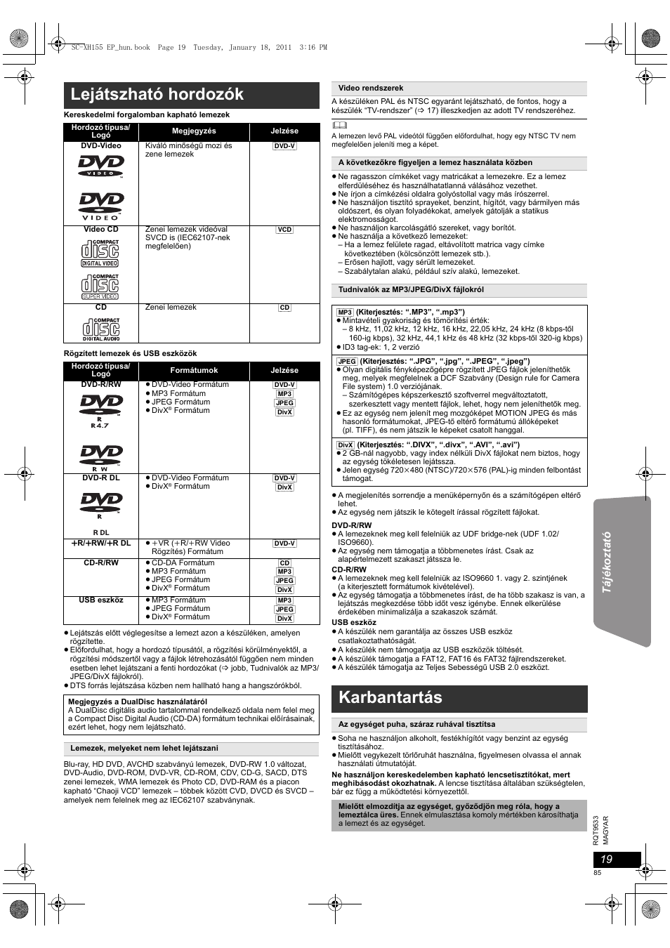 Lejátszható hordozók, Karbantartás | Panasonic SCXH155EP User Manual | Page 85 / 90