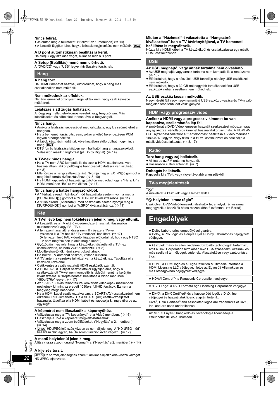 Engedélyek | Panasonic SCXH155EP User Manual | Page 88 / 90
