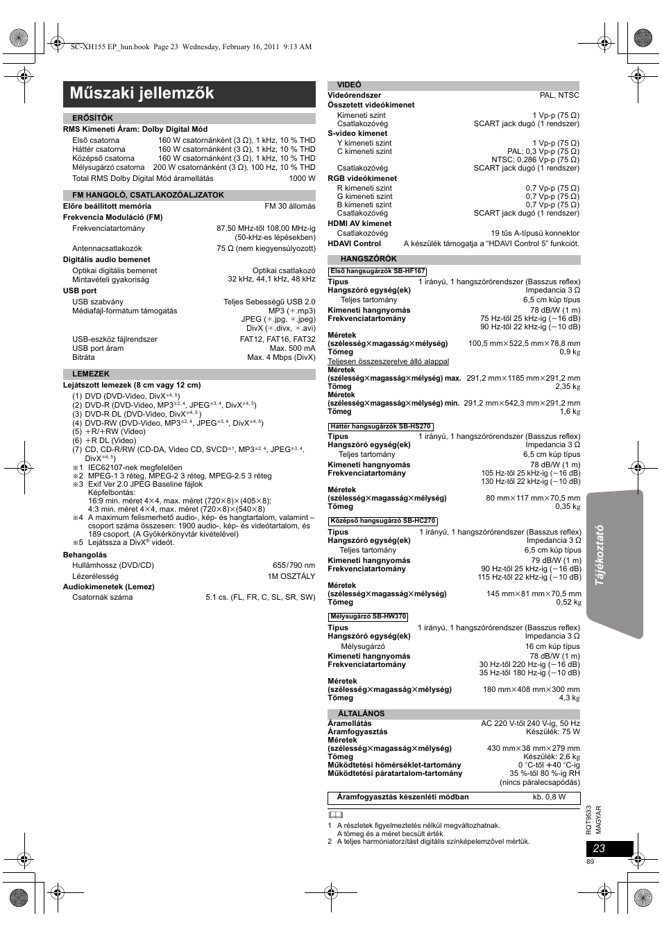 Műszaki jellemzők | Panasonic SCXH155EP User Manual | Page 89 / 90