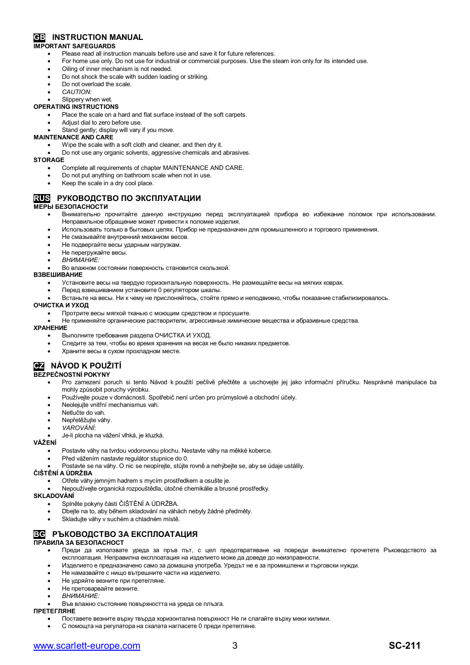 Gb instruction manual, Cz návod k pou ití | Scarlett SC-211 User Manual | Page 3 / 6