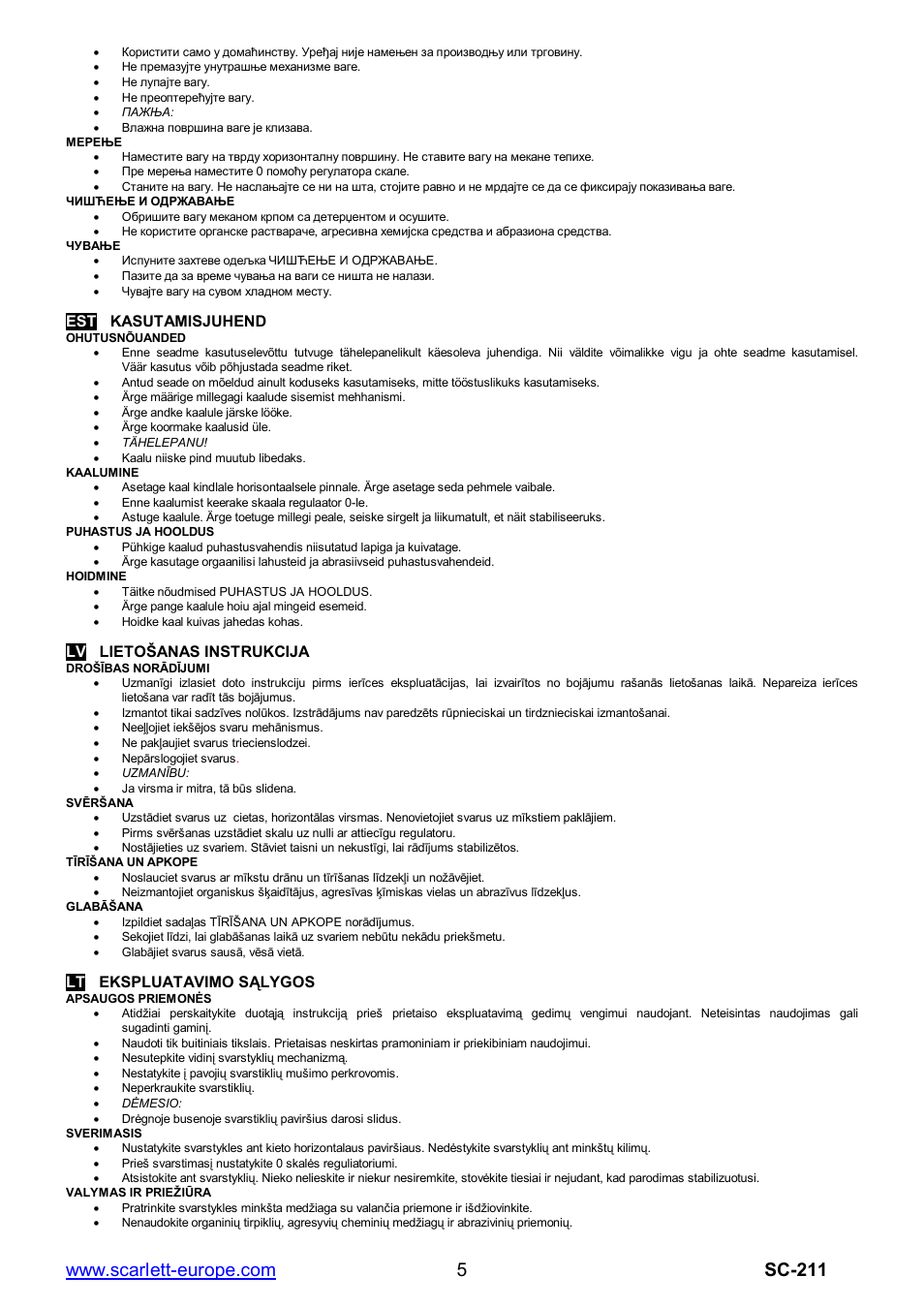 Est kasutamisjuhend, Lv lieto anas instrukcija, Lt ekspluatavimo s lygos | Scarlett SC-211 User Manual | Page 5 / 6