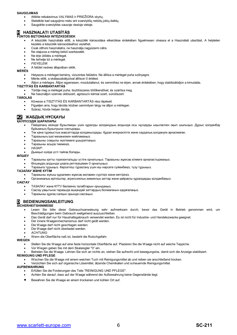 Hhasznalati utasítás, Dbedienungsanleitung | Scarlett SC-211 User Manual | Page 6 / 6