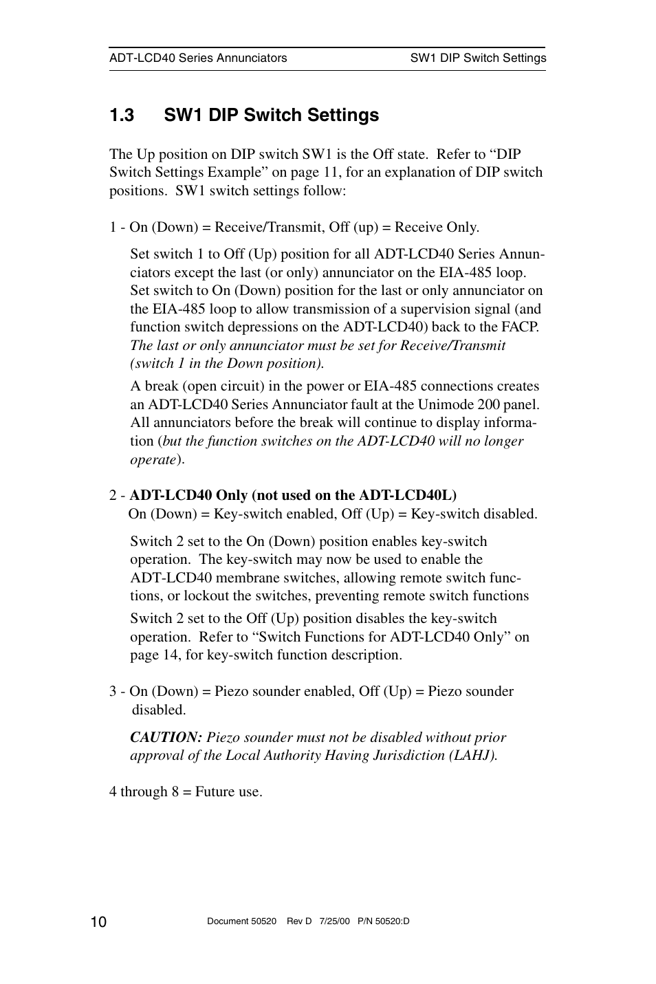 3 sw1 dip switch settings | ADT Security Services ADT-LCD40 User Manual | Page 10 / 36