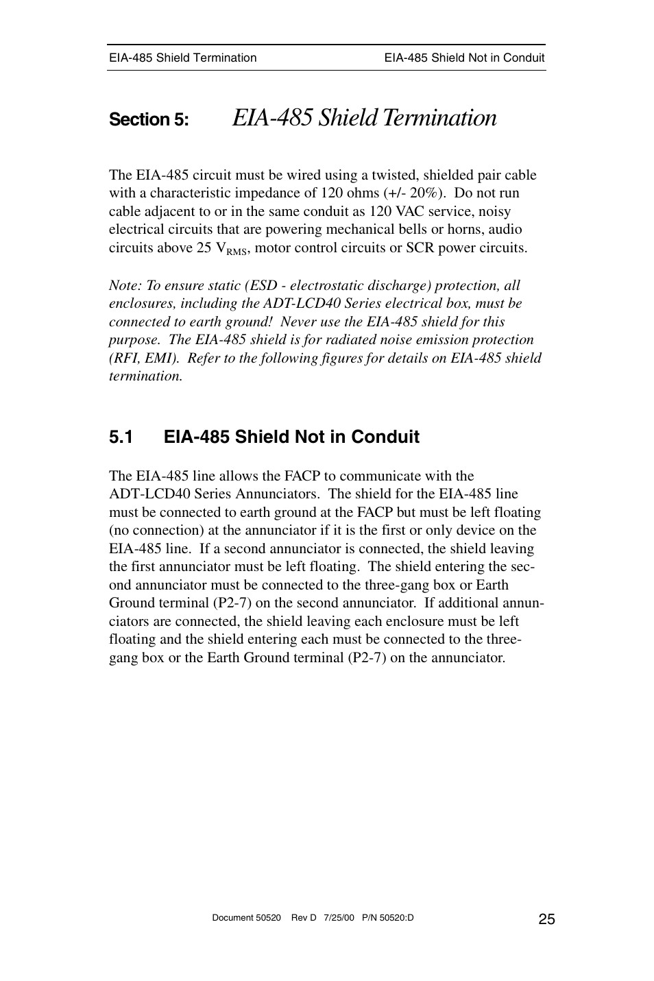 Eia-485 shield termination, 1 eia-485 shield not in conduit | ADT Security Services ADT-LCD40 User Manual | Page 25 / 36