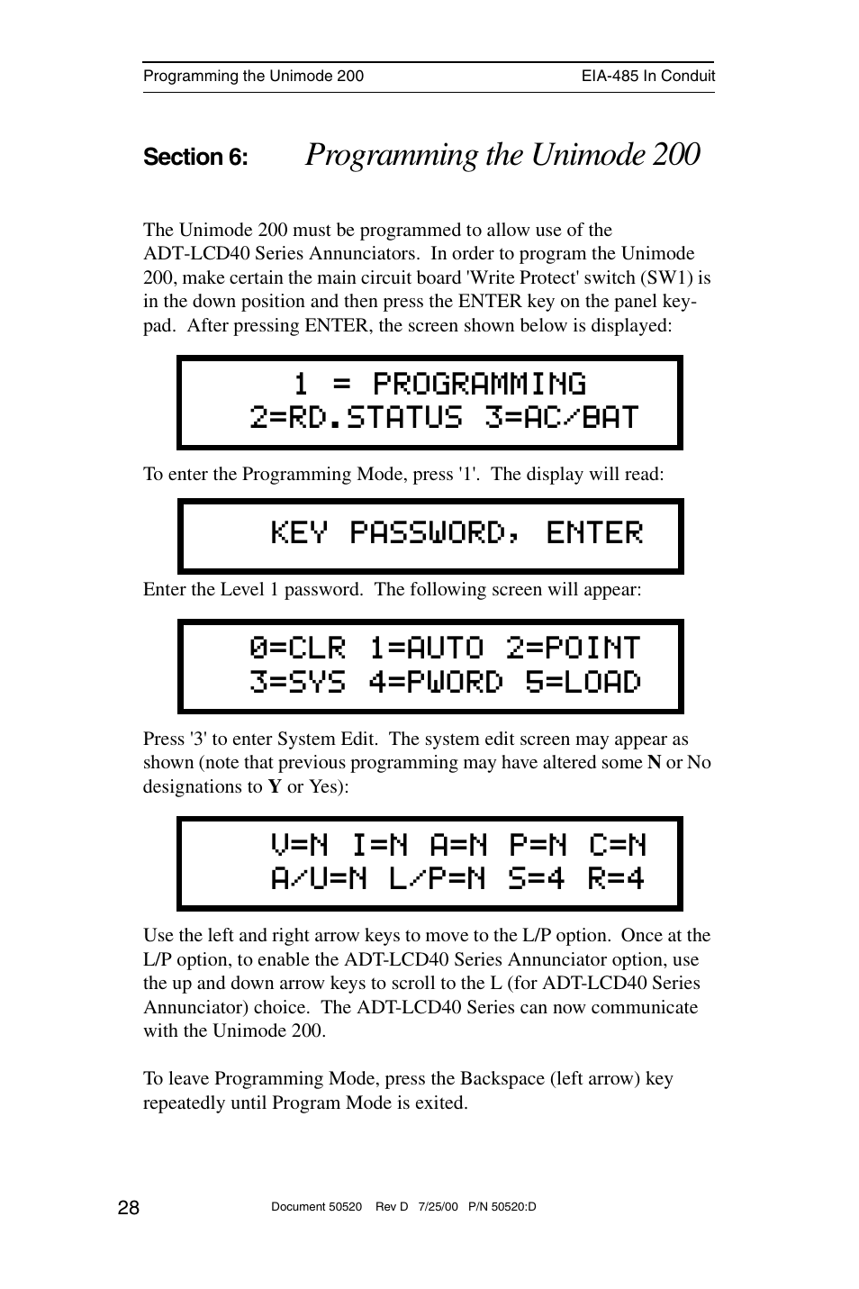 Programming the unimode 200, 1 = programming 2=rd.status 3=ac/bat, Key password, enter | V=n i=n a=n p=n c=n a/u=n l/p=n s=4 r=4 | ADT Security Services ADT-LCD40 User Manual | Page 28 / 36
