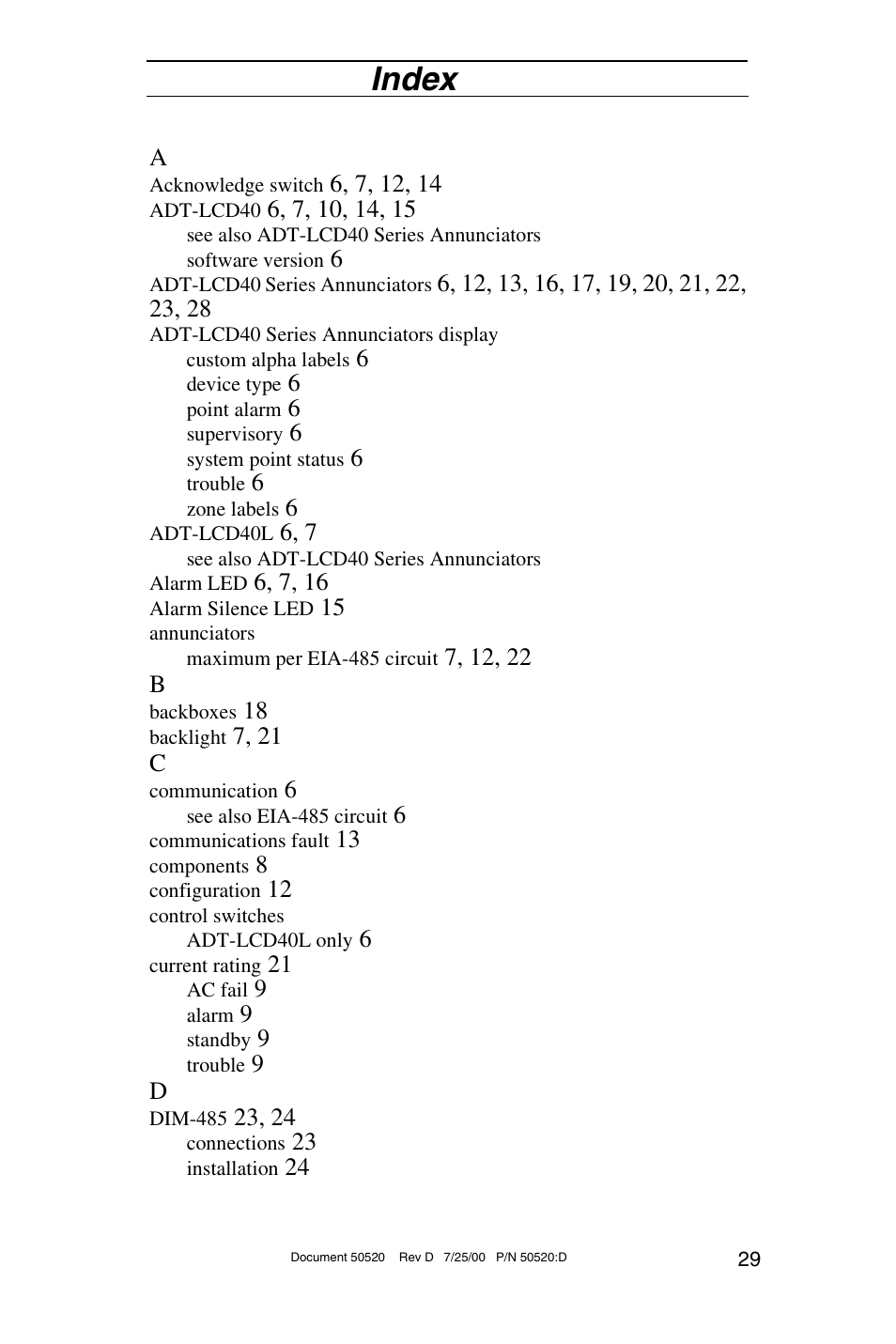Index | ADT Security Services ADT-LCD40 User Manual | Page 29 / 36