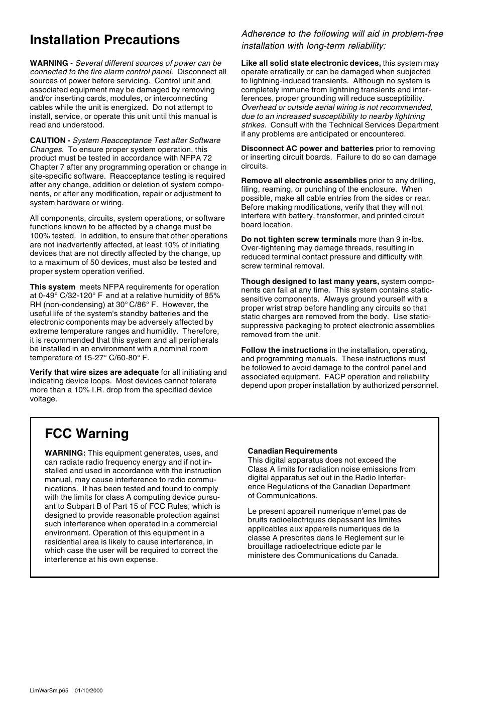 Fcc warning, Installation precautions | ADT Security Services ADT-LCD40 User Manual | Page 3 / 36