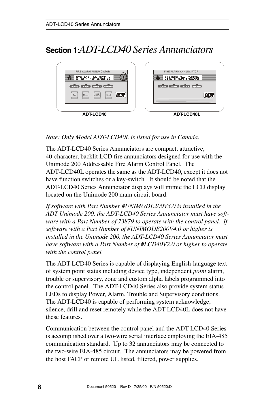 Adt-lcd40 series annunciators | ADT Security Services ADT-LCD40 User Manual | Page 6 / 36