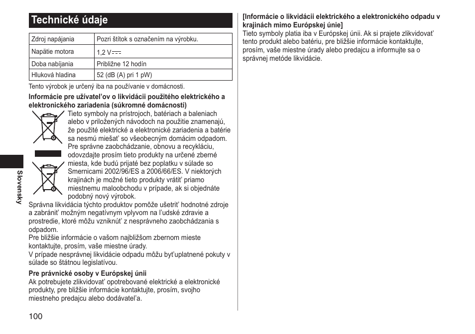 Technické údaje | Panasonic ERGY10 User Manual | Page 100 / 124