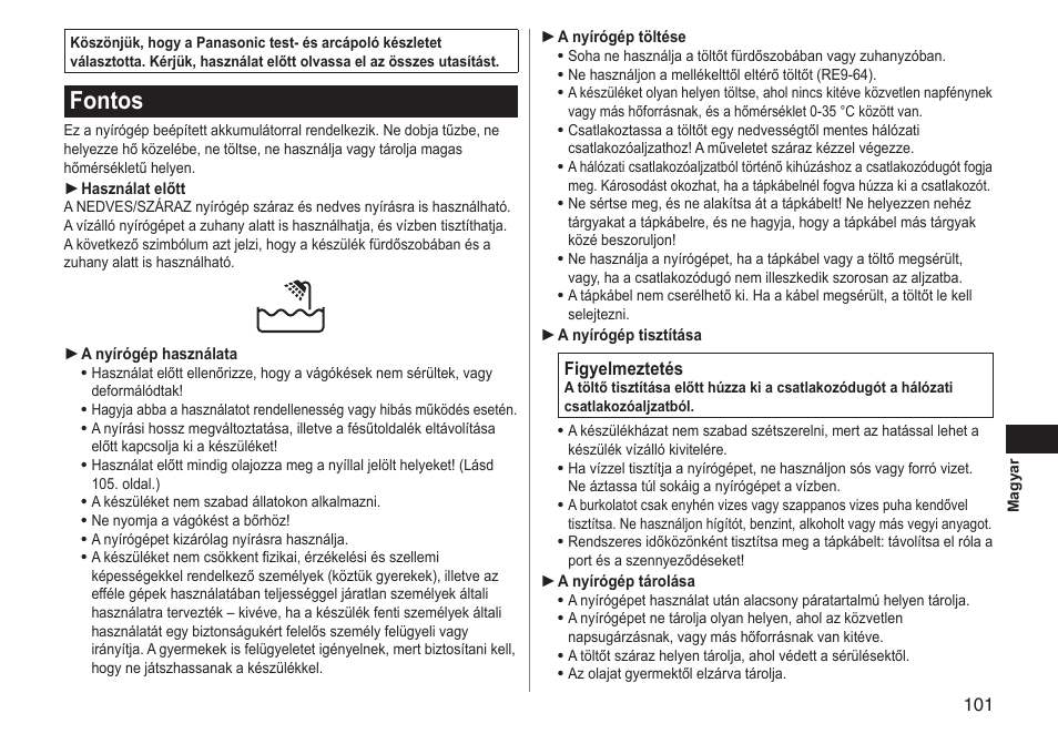 Fontos | Panasonic ERGY10 User Manual | Page 101 / 124