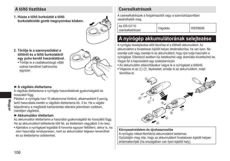 A nyírógép akkumulátorának selejtezése, A töltő tisztítása, Cserealkatrészek | Panasonic ERGY10 User Manual | Page 106 / 124