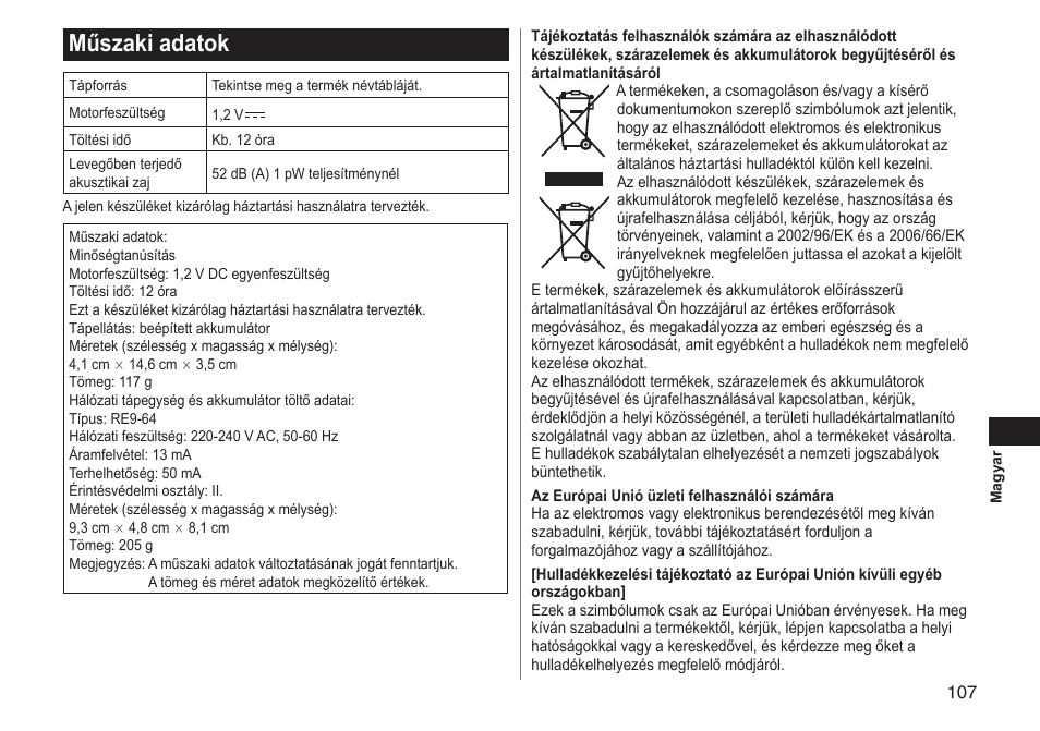 Műszaki adatok | Panasonic ERGY10 User Manual | Page 107 / 124