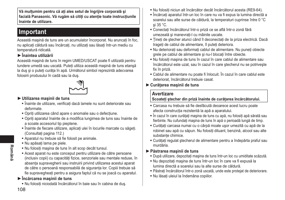 Important | Panasonic ERGY10 User Manual | Page 108 / 124