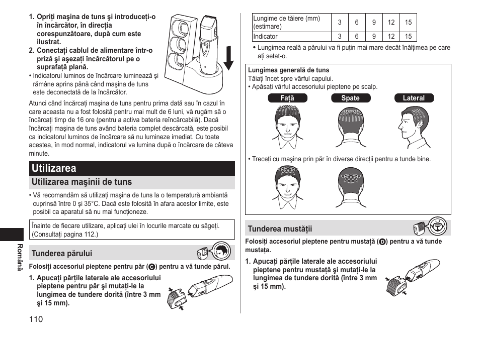 Utilizarea, Utilizarea maşinii de tuns | Panasonic ERGY10 User Manual | Page 110 / 124