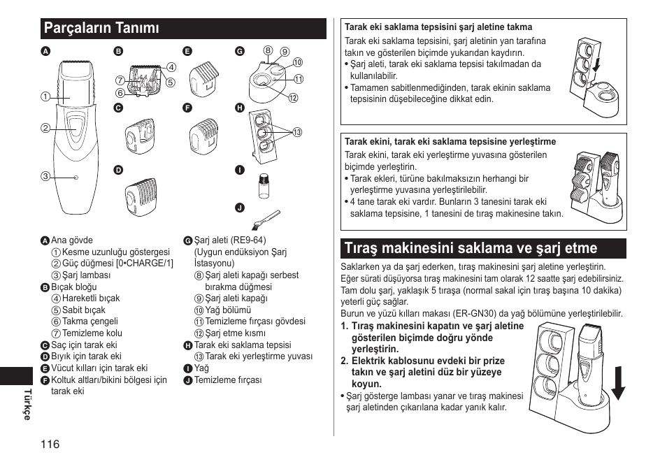 Parçaların tanımı, Tıraş makinesini saklama ve şarj etme | Panasonic ERGY10 User Manual | Page 116 / 124