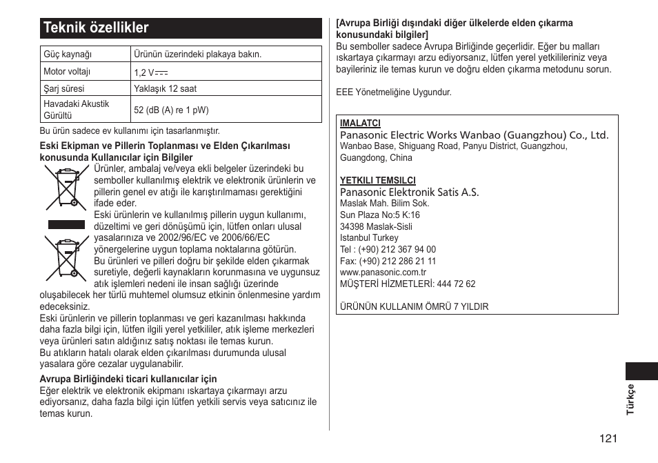 Teknik özellikler | Panasonic ERGY10 User Manual | Page 121 / 124