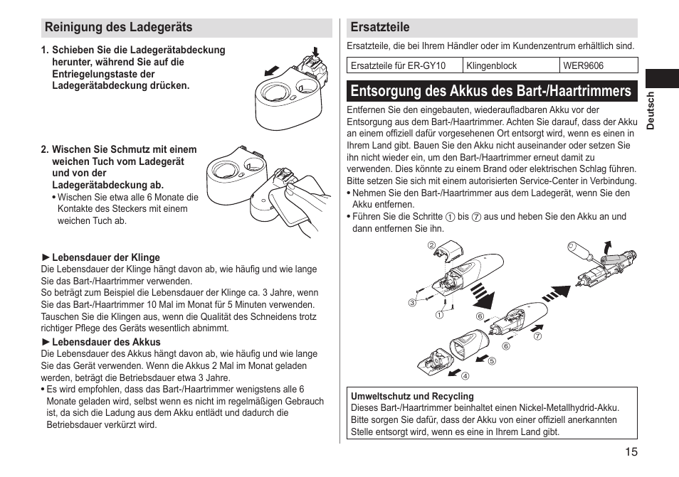Entsorgung des akkus des bart-/haartrimmers, Reinigung des ladegeräts, Ersatzteile | Panasonic ERGY10 User Manual | Page 15 / 124