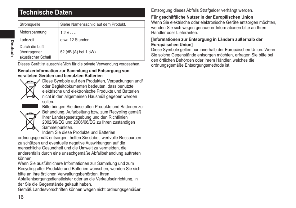 Technische daten | Panasonic ERGY10 User Manual | Page 16 / 124