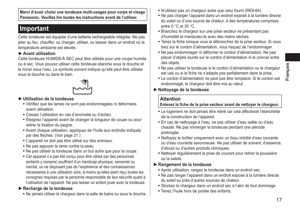 Important | Panasonic ERGY10 User Manual | Page 17 / 124