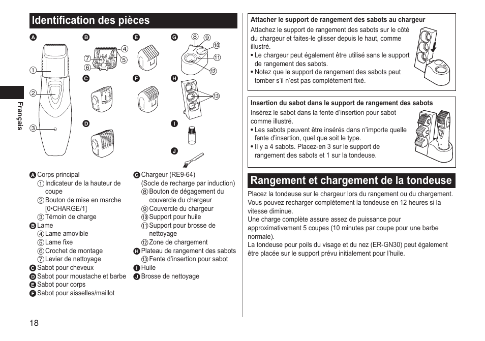 Identification des pièces, Rangement et chargement de la tondeuse | Panasonic ERGY10 User Manual | Page 18 / 124