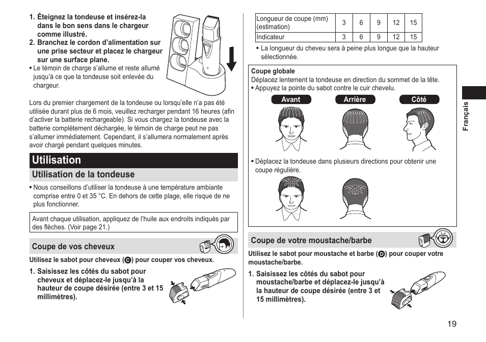 Utilisation, Utilisation de la tondeuse | Panasonic ERGY10 User Manual | Page 19 / 124